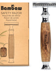 Bamboo safety razor displayed next to its kraft cardboard box packaging with a simple line drawing of the razor