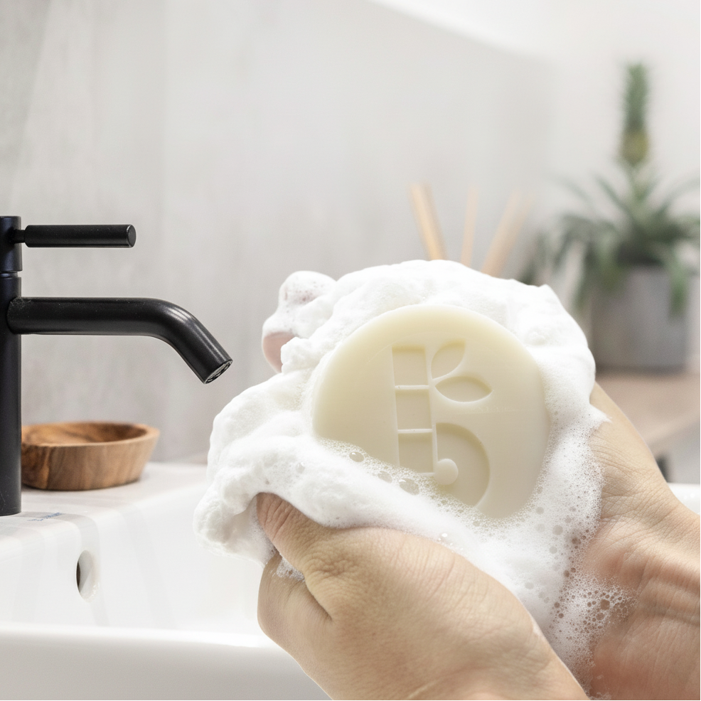 Hand holding a bambaw shaving soap bar of soap with lather, in front of a sink with a black faucet.