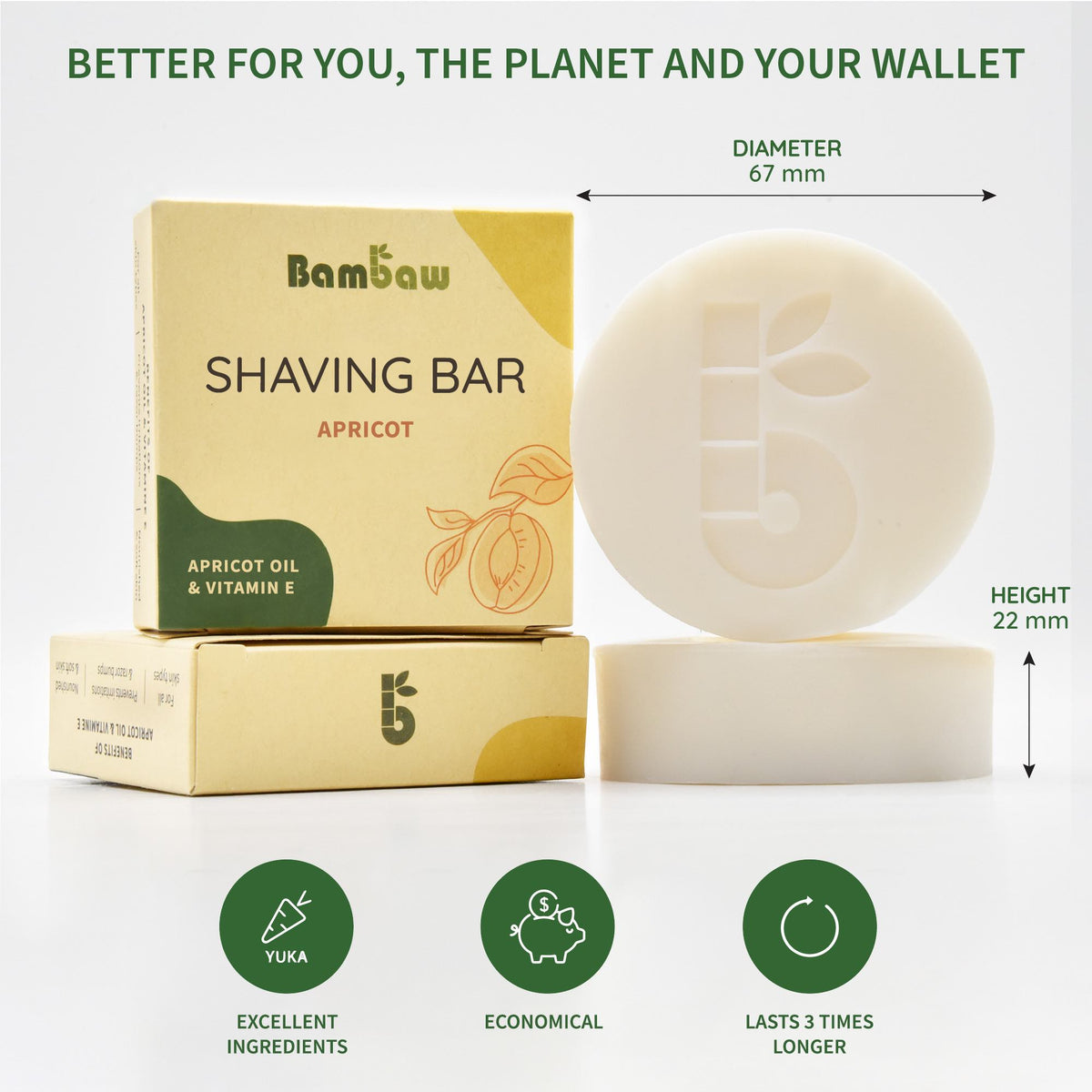 Shaving bar beside its box in an infographic showing diameter 67 mm and height 22 mm