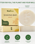 Shaving bar beside its box in an infographic showing diameter 67 mm and height 22 mm
