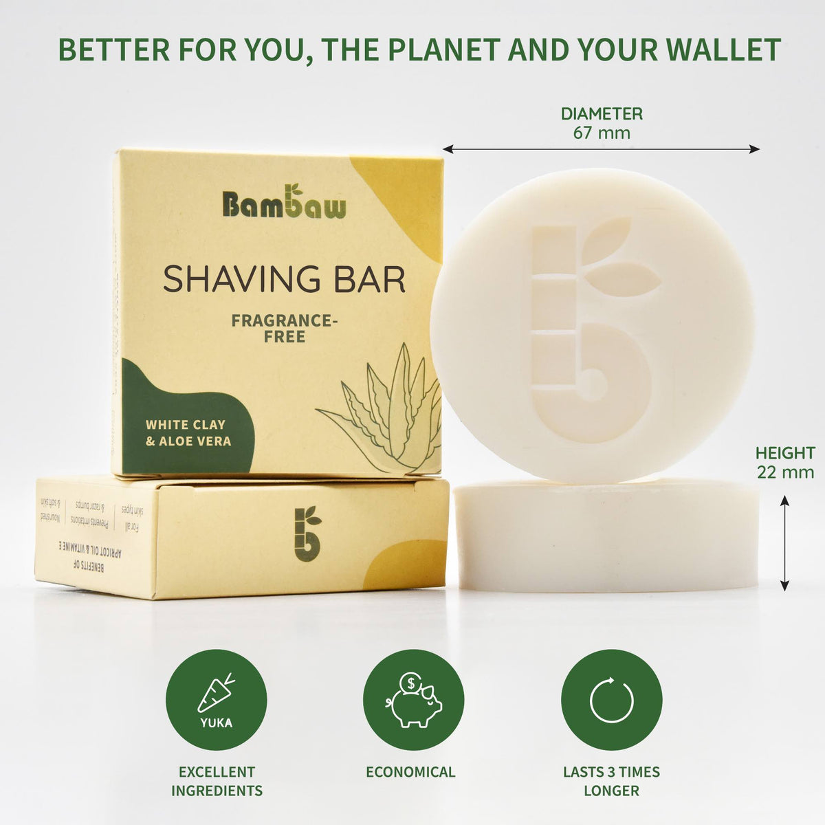 Fragrance free shaving bar packaging shown with a round soap and botanical illustrations