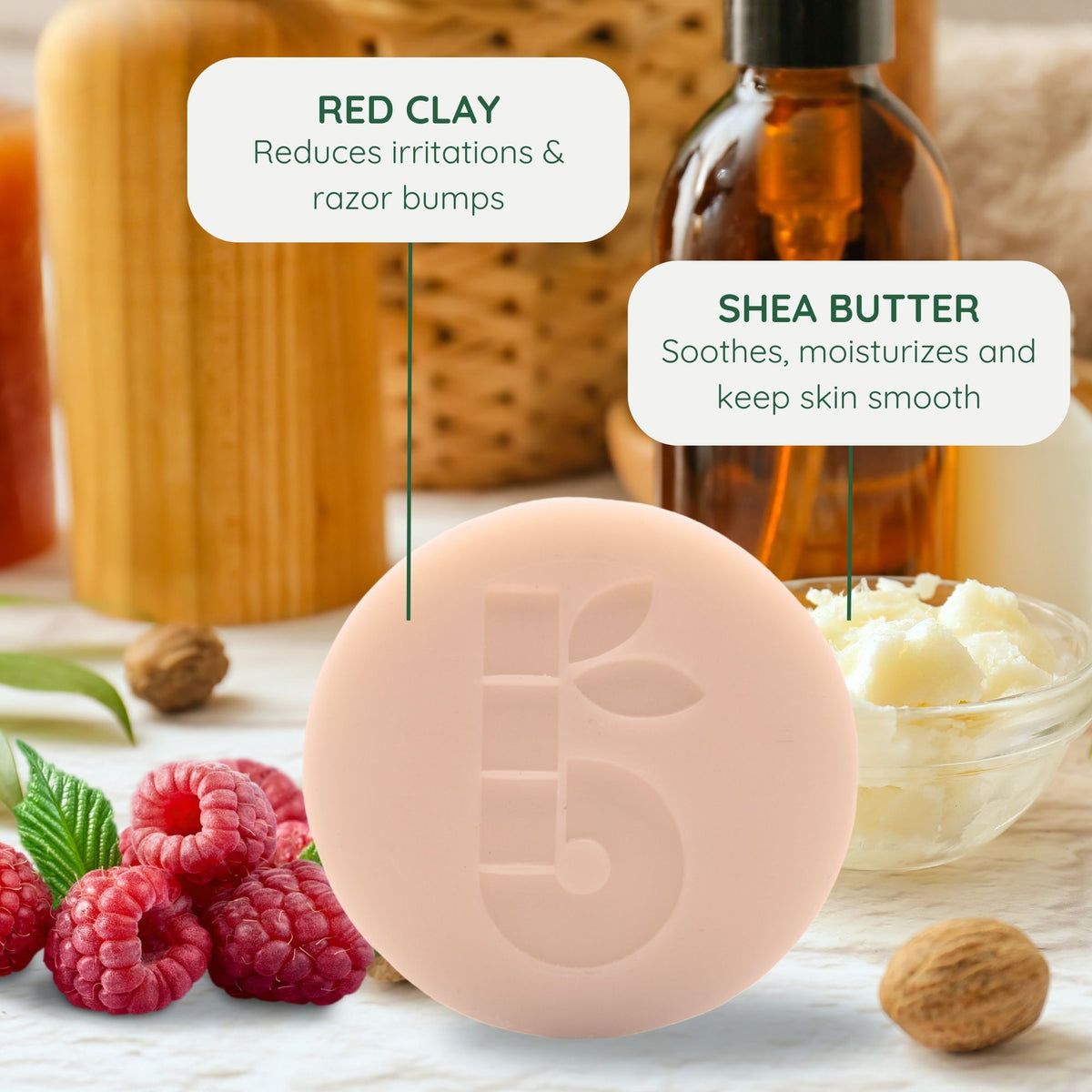 Pale pink shaving bar with a leaf motif in front of raspberries and a bowl of butter in a kitchen scene