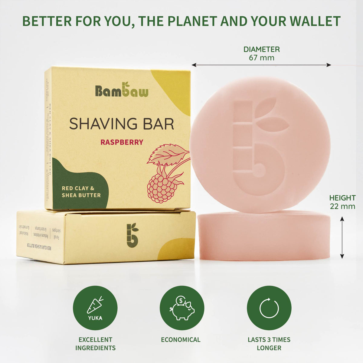 Shaving bar Raspberry packaging featuring red clay and shea butter illustrations beside a pale pink soap