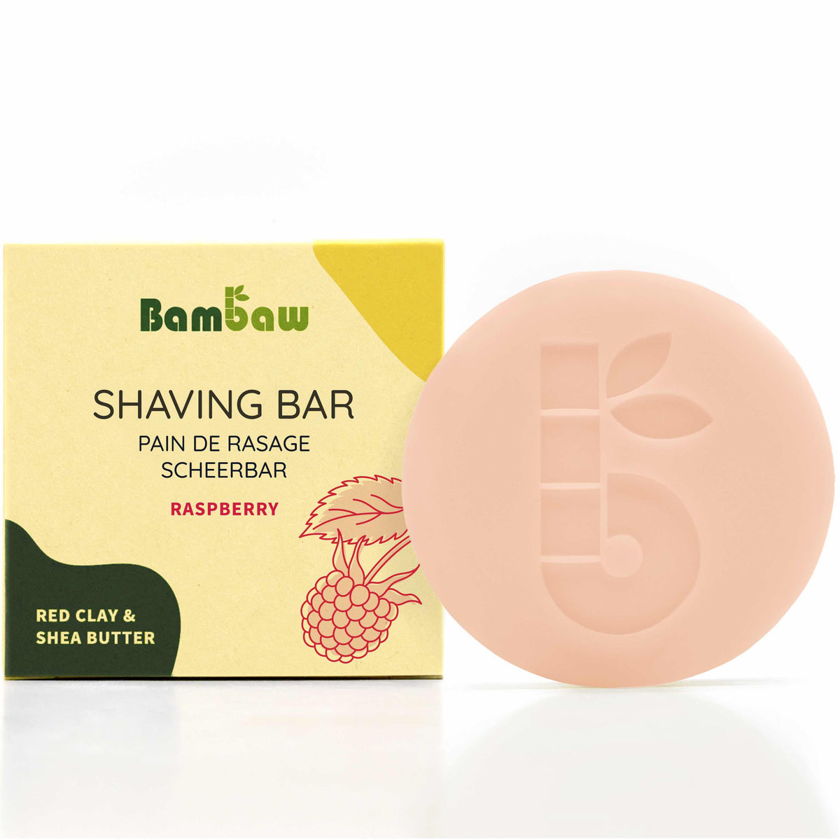 Shaving bar packaging featuring Apricot Oil and Vitamin E with Bambaw logo beside the bar