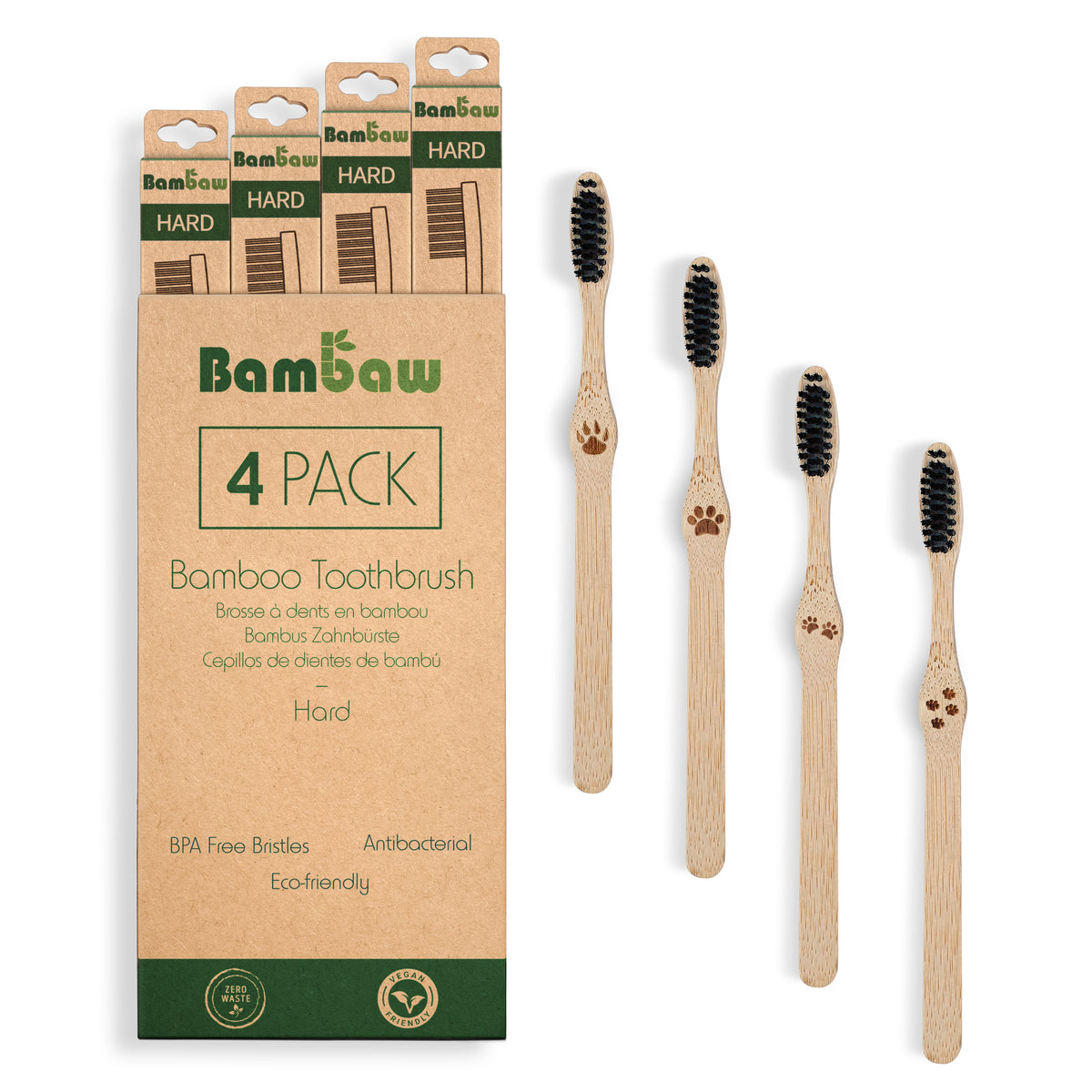 Four Bambaw bamboo toothbrushes in a 4 pack packaging with green HARD labels arranged in a row