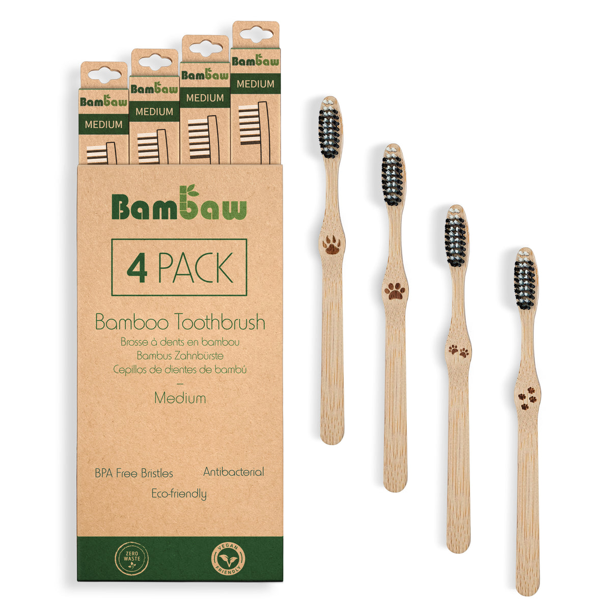 Four Bambaw bamboo toothbrushes beside a kraft box with green accents and eco icons at the bottom