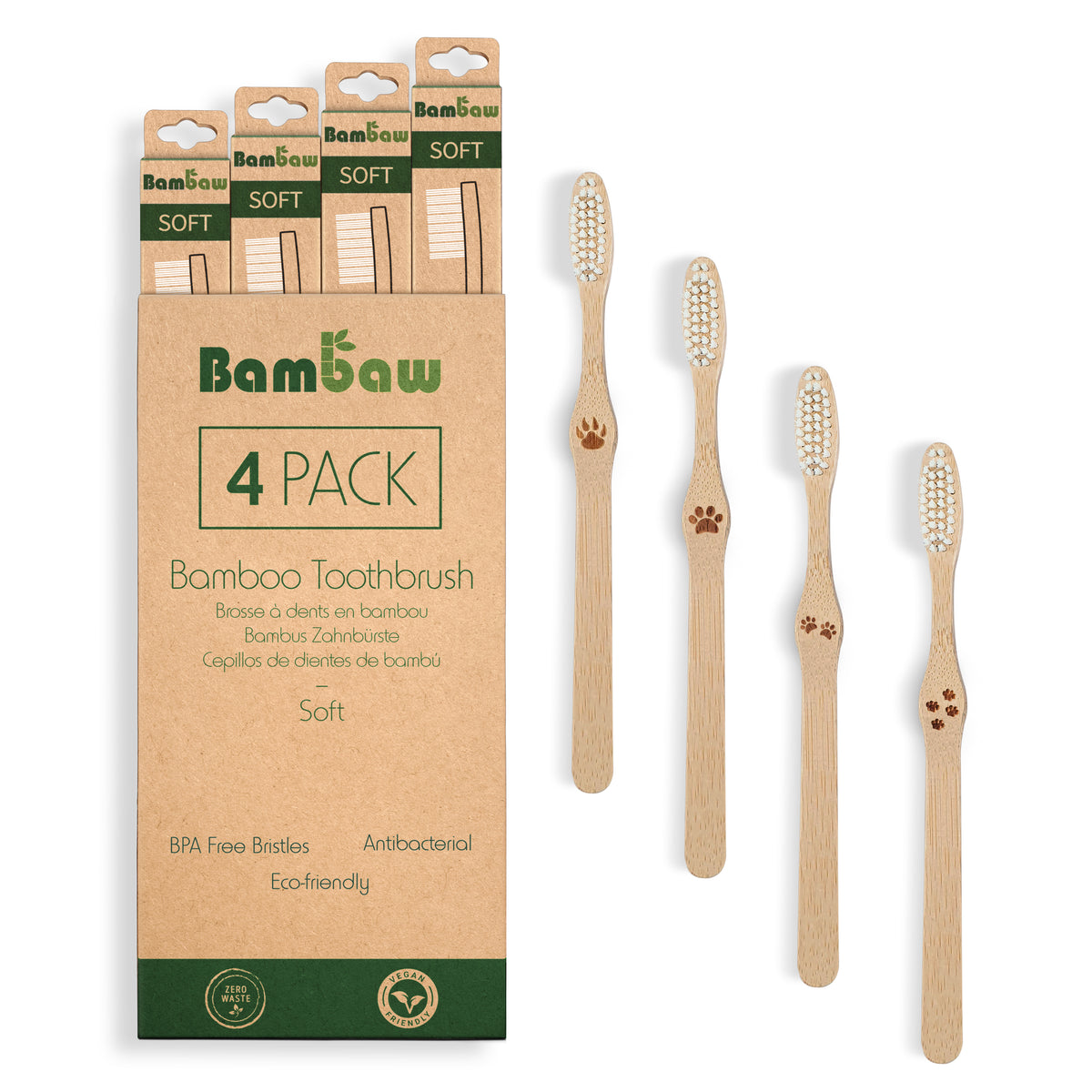 Four bamboo toothbrushes in a cardboard 4 pack box with natural bamboo handles and green Soft labels