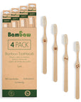 Four bamboo toothbrushes in a cardboard 4 pack box with natural bamboo handles and green Soft labels