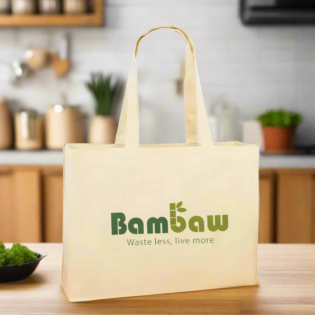 Beige Bambaw tote bag with logo shown on a kitchen counter