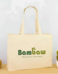 Beige 100% organic cotton tote bag with two handles and a green Bambaw logo