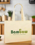 Beige Bambaw tote bag with logo shown on a kitchen counter
