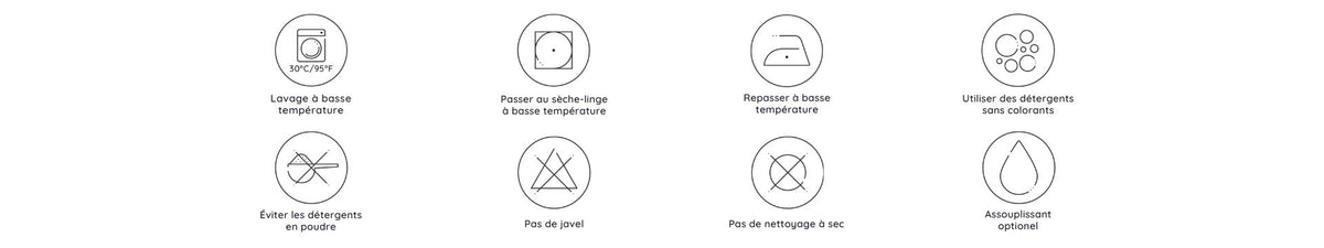 Ensemble de symboles d'entretien du linge pour la Literie en Bambou Cozy Bambaw sur fond blanc
