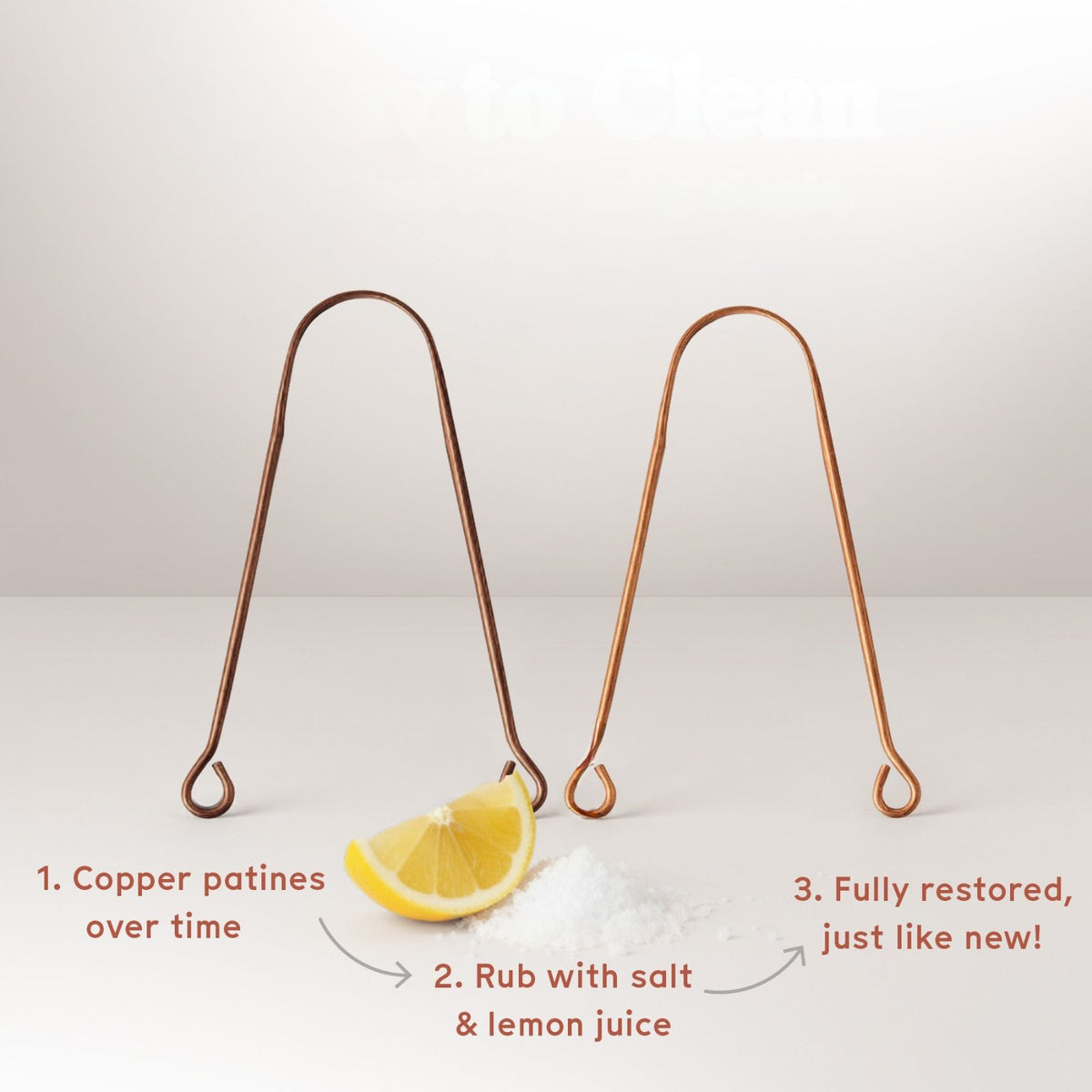Two copper tongue scraper arches on a white surface with lemon wedges and salt showing usage steps