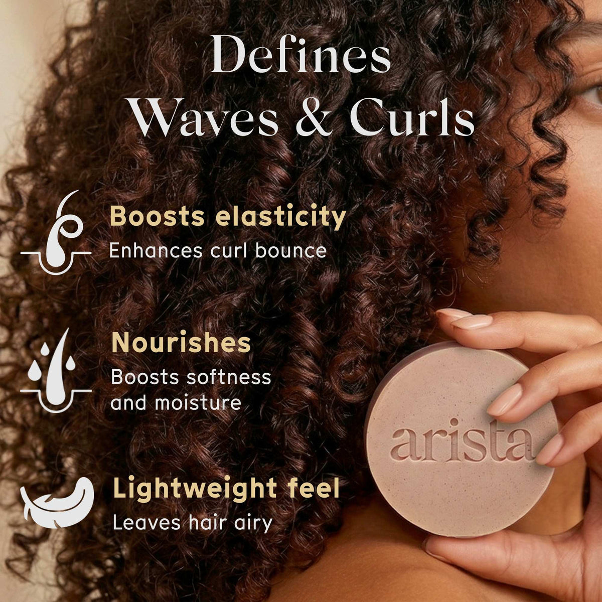 Woman holding a round shampoo bar labeled 'arista' with text about hair product benefits.