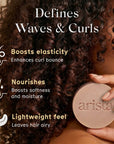 Woman holding a round shampoo bar labeled 'arista' with text about hair product benefits.