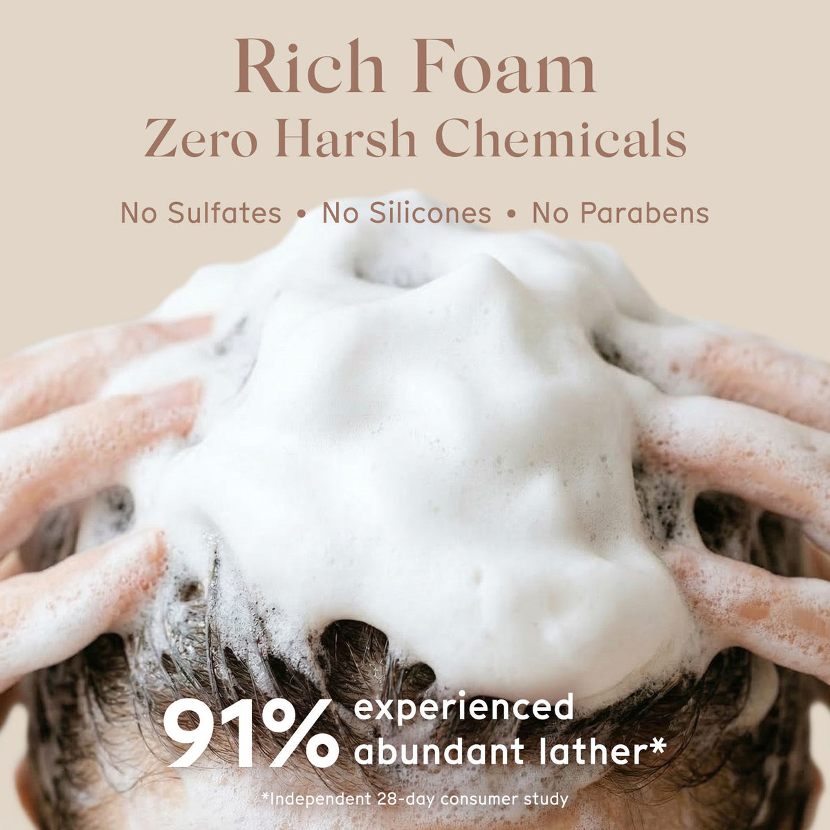 Person applying Arista foamy shampoo to hair with text highlighting product benefits on a beige background