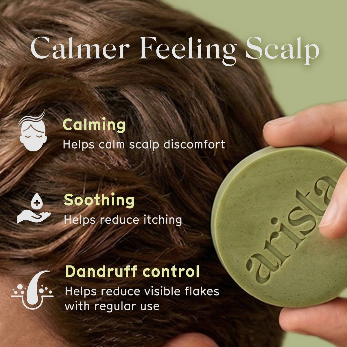 Arista shampoo bar held by a hand, next to text about scalp benefits on a green background.