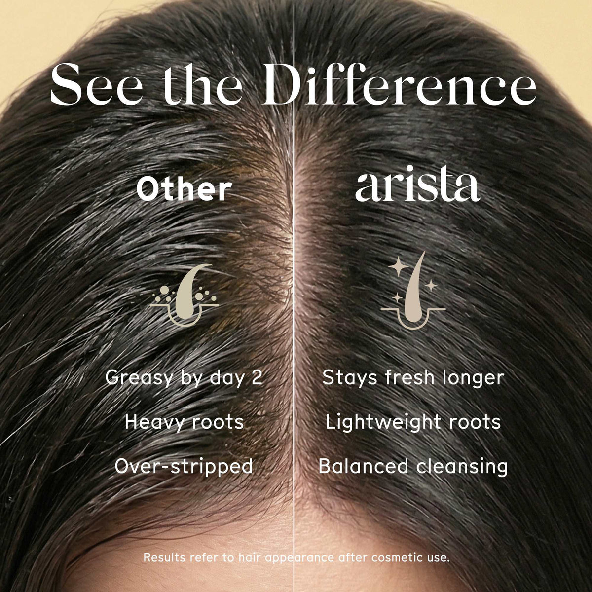 Comparison of Arista shampoo bar hair care product effectiveness on a person's scalp with text indicating 'See the Difference' between 'Other' and 'arista' products.