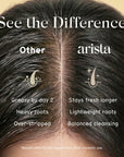Comparison of Arista shampoo bar hair care product effectiveness on a person's scalp with text indicating 'See the Difference' between 'Other' and 'arista' products.