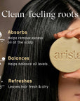Person holding a bar of arista oily hair shampoo with text about its benefits for hair care.
