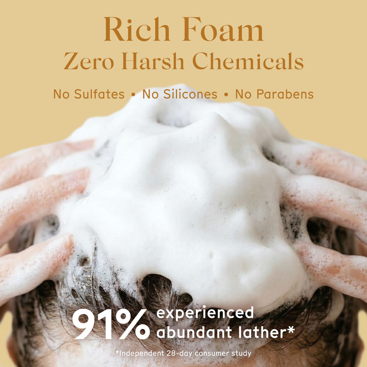 Person applying Arista rich foam shampoo bar to hair with text highlighting zero harsh chemicals and abundant lather.