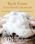 Person applying Arista rich foam shampoo bar to hair with text highlighting zero harsh chemicals and abundant lather.