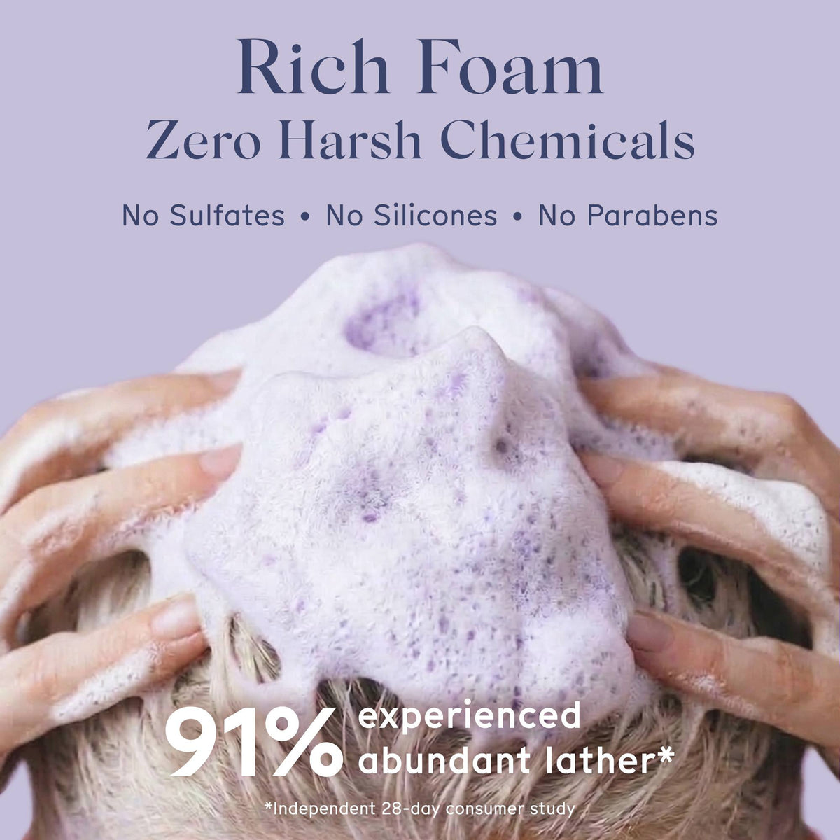 Person with foamy purple shampoo bar on head with blonde hair against a purple background with text about product benefits.