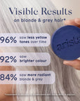 Arista purple shampoo bar being held over gray hair with visible results text overlay.