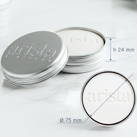 Opened shampoo bar holder shows lid and base separated with inner tray; dimensions diameter 75 mm and height 24 mm