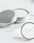 Opened shampoo bar holder shows lid and base separated with inner tray; dimensions diameter 75 mm and height 24 mm