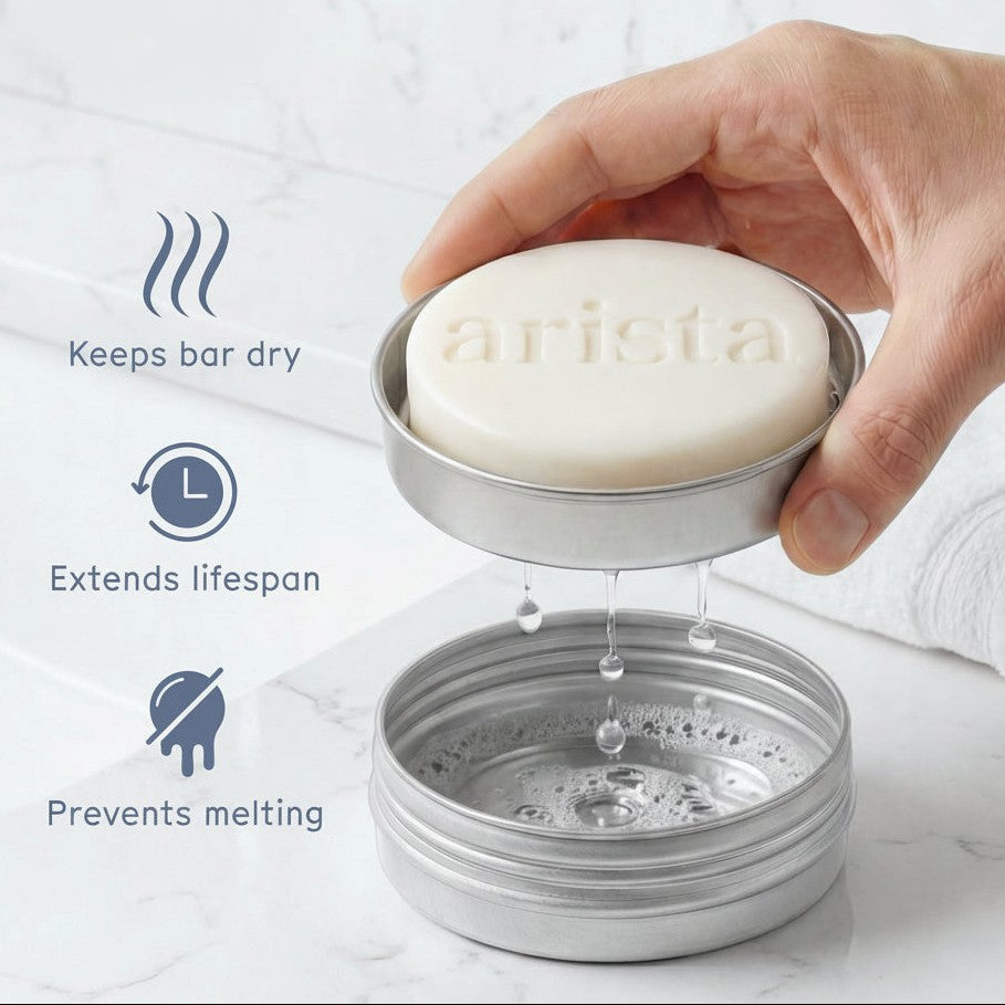 Hand holds round aluminium tin with white arista soap bar; icons indicate keeps bar dry extends lifespan prevents melting