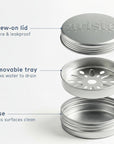 Exploded view of an aluminium shampoo bar holder with screw on lid removable tray and base
