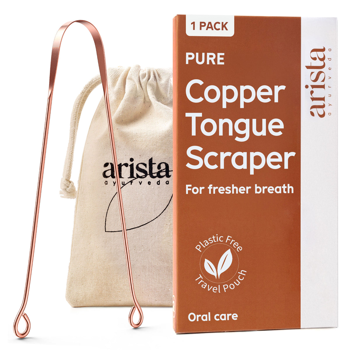 Copper tongue scraper beside a beige drawstring bag and orange packaging labeled Pure Copper Tongue Scraper