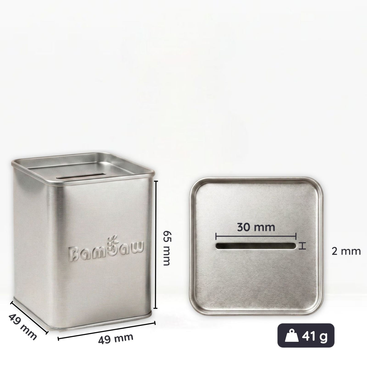 Metallic blade bank tin with dimensions and weight displayed on a white background