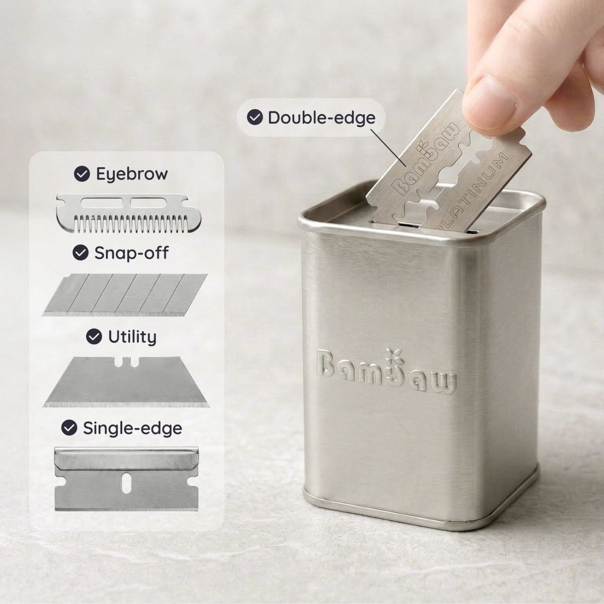 Metal razor blade holder with blades and a hand taking a blade, on a light gray background.