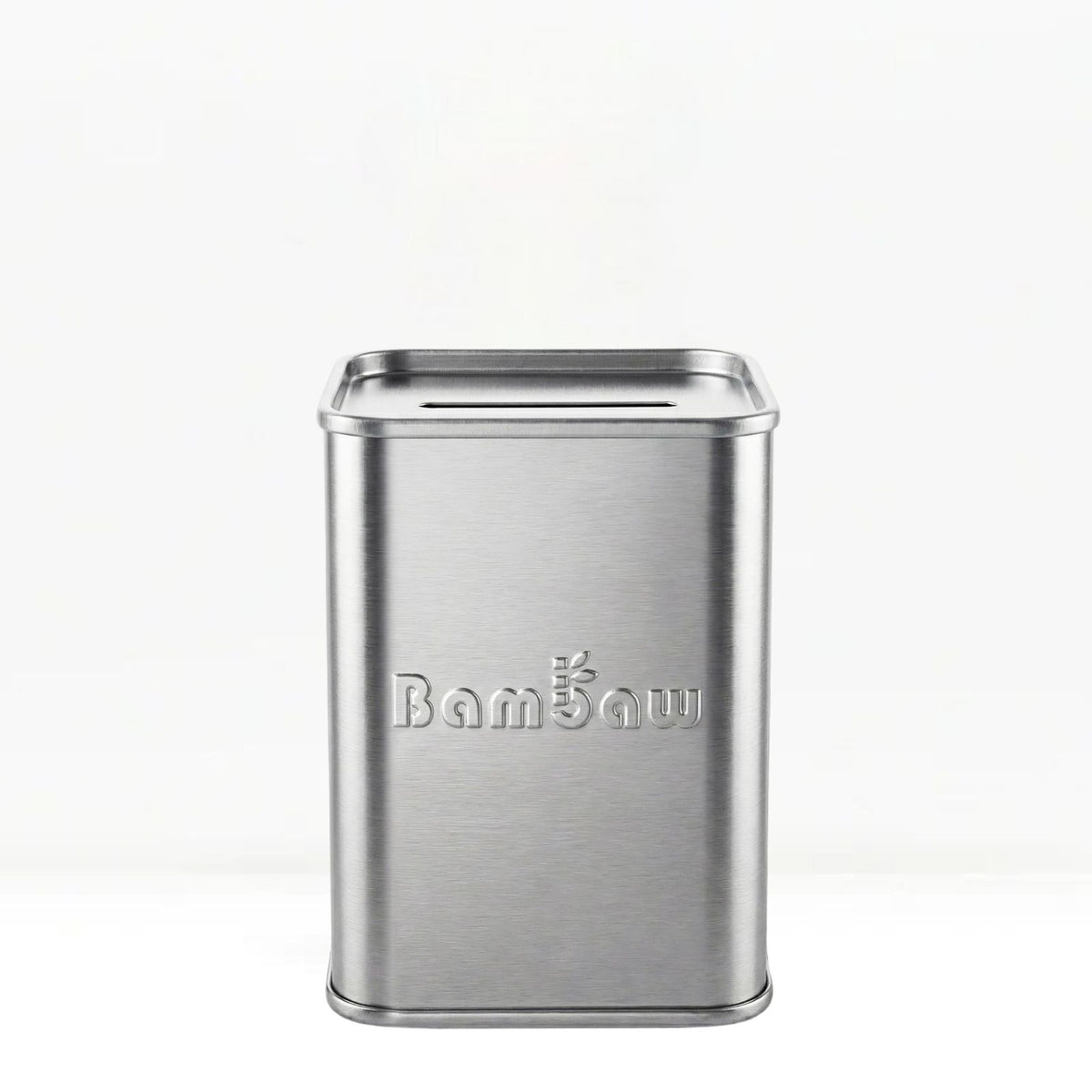 Metallic blade bank tin with a slot on top, featuring the brand name 'BamBaw', on a white background.