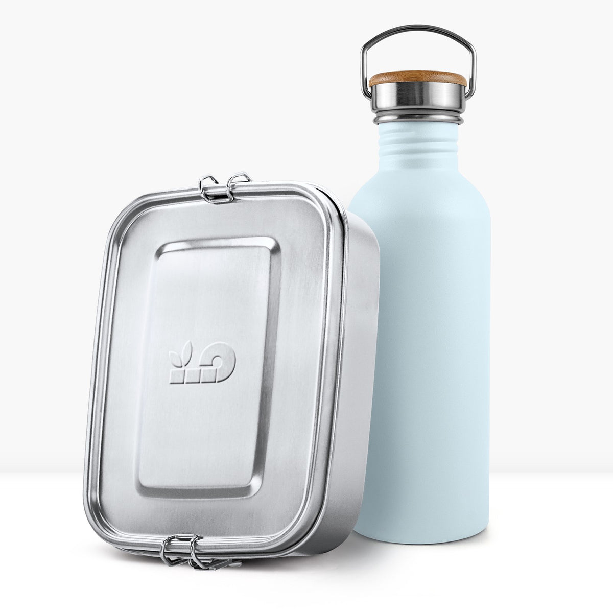 Back to School Bundle with a metal lunch box and light blue non insulated bottle