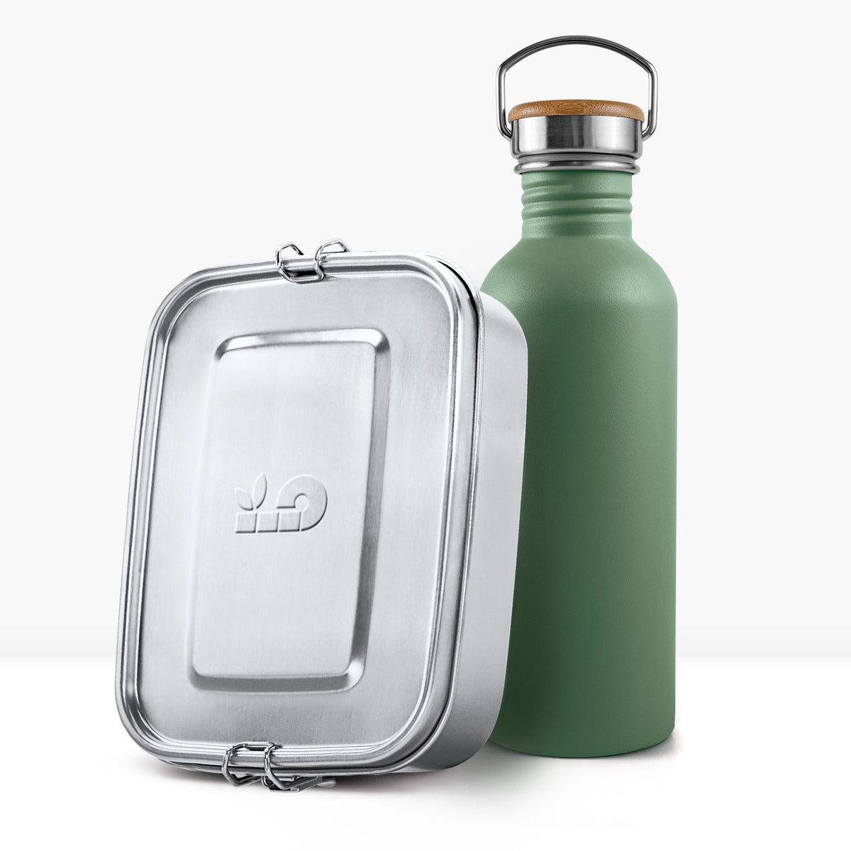 Back to School Bundle green non-insulated bottle beside a silver lunchbox with a wooden lid handle