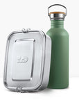 Back to School Bundle green non-insulated bottle beside a silver lunchbox with a wooden lid handle
