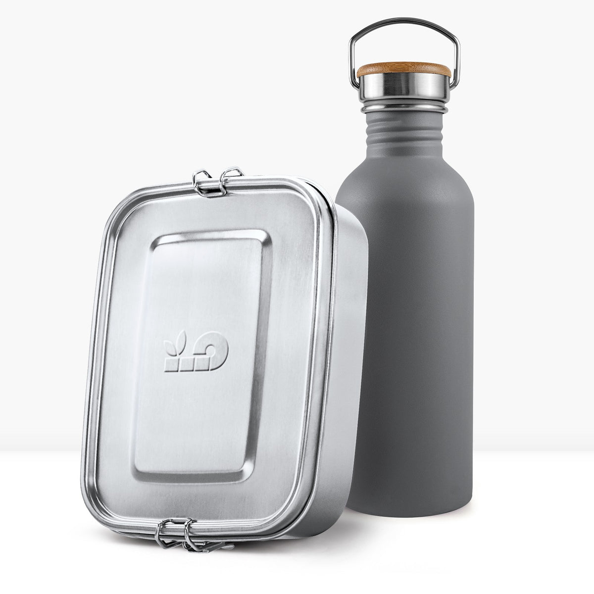 Back to School Bundle gray non-insulated bottle beside a silver lunchbox with a wooden lid handle
