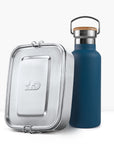 Blue insulated bottle with cork lid beside a silver metal lunch tin.