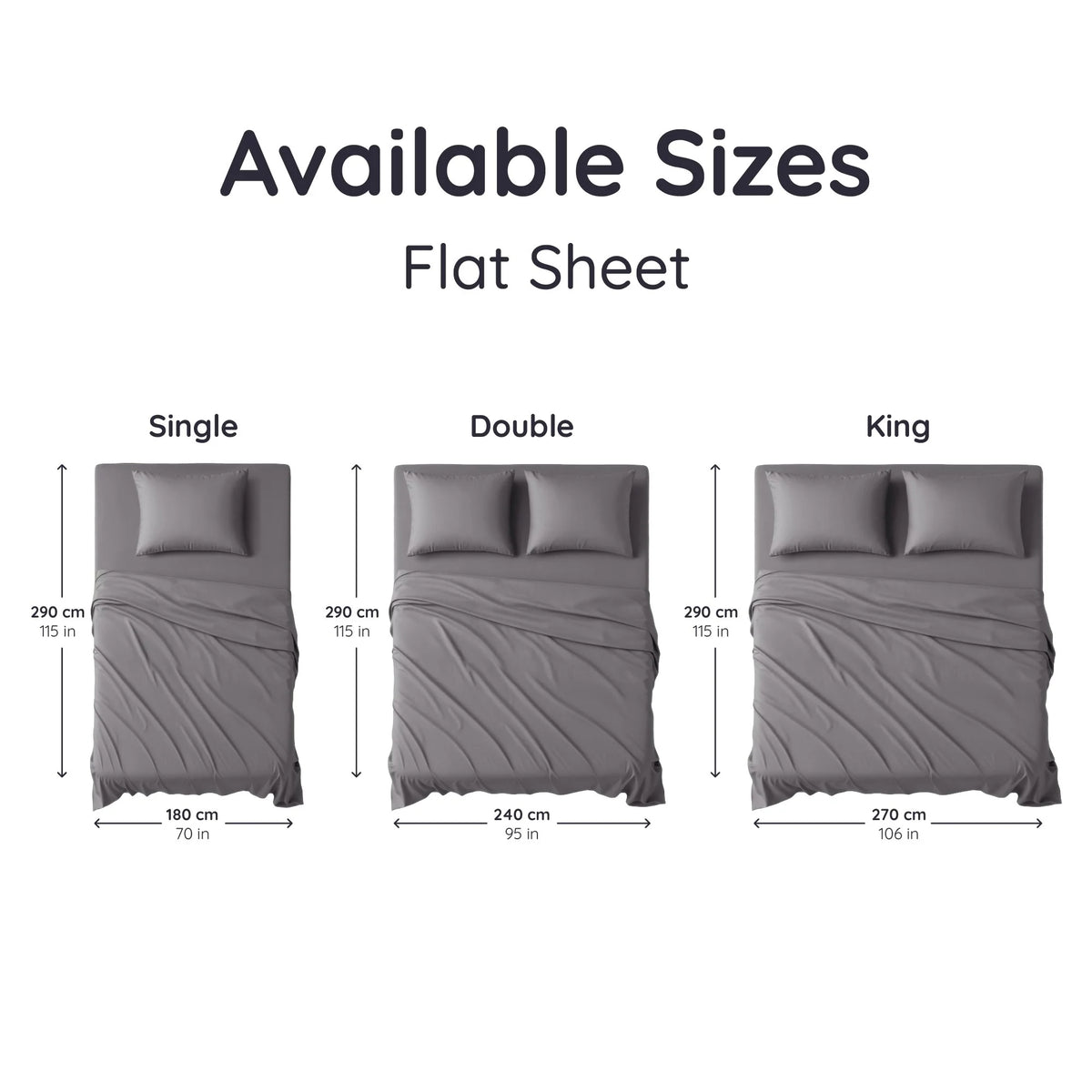 Diagram showing the dimensions of a flat sheet for single, double, and king sizes for bambaw cozy bamboo sheets.