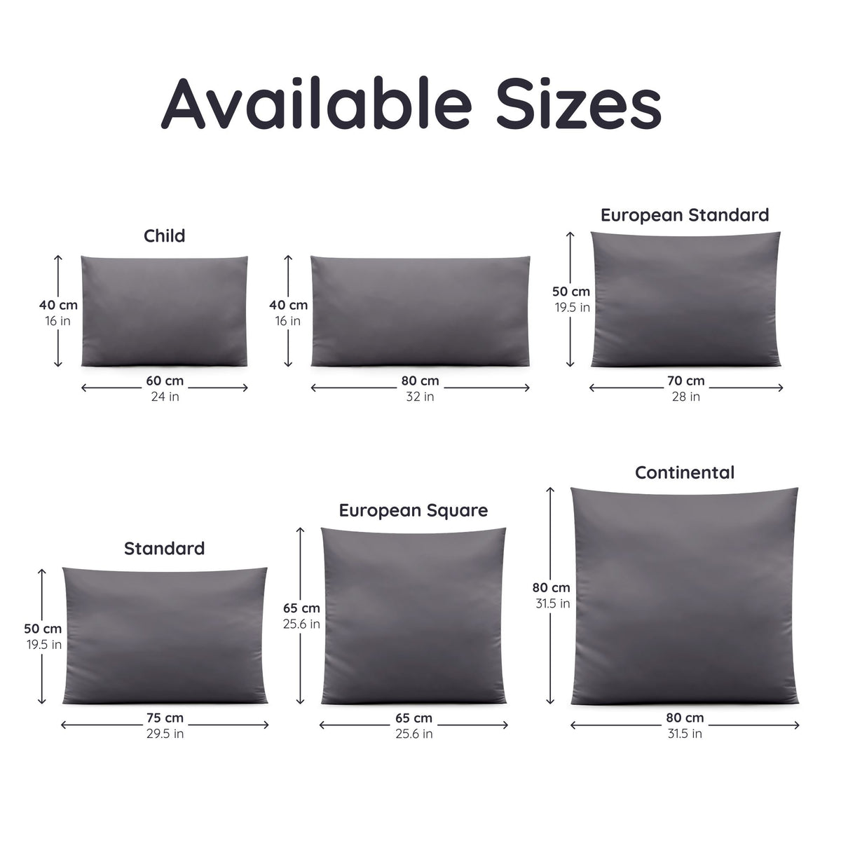 Illustration of bambaw cozy's different bamboo pillowcase sizes with dimensions in cm and in inches