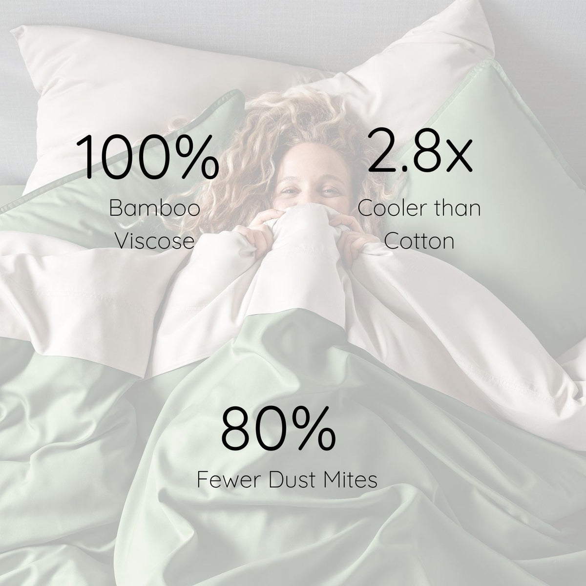 A woman lying in bed under a pale mint greenbamboo duvet cover with white pillows and bedding. Large text overlays read '100% Bamboo Viscose'.