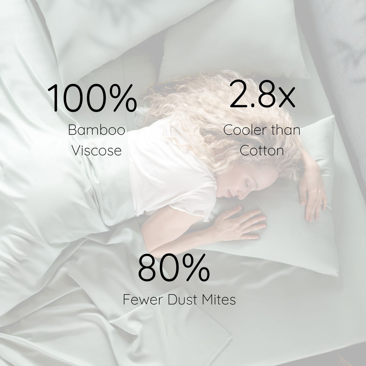 A woman sleeping peacefully on a sea glass bambaw cozy bamboo pillow and sea glass bamboo bedding, with text overlays highlighting product benefits: '100% Bamboo Viscose', '2.7x Cooler than Cotton', and '80% Fewer Dust Mites'.