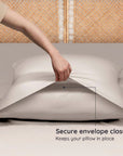 Close up of a white pillow under a secure envelope closure demonstration