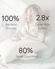 A woman in light pajamas sits on a bed holding a large sand colour bamboo viscose pillow, with overlaid marketing text reading '100% Bamboo Viscose,' '2.8x Cooler than Cotton,' and '80% Fewer Dust Mites.