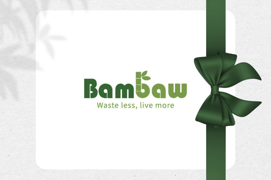 Bamboo product packaging with a green ribbon and 'Bambaw' logo on a white background.