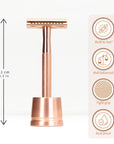 Bambaw rose gold safety razor with stand on a white background