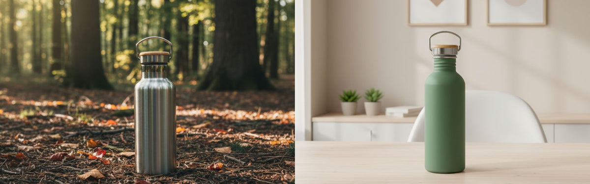 Stainless steel insulated water bottle in a forest and a stainless steel non-insulated green water bottle on a table indoors